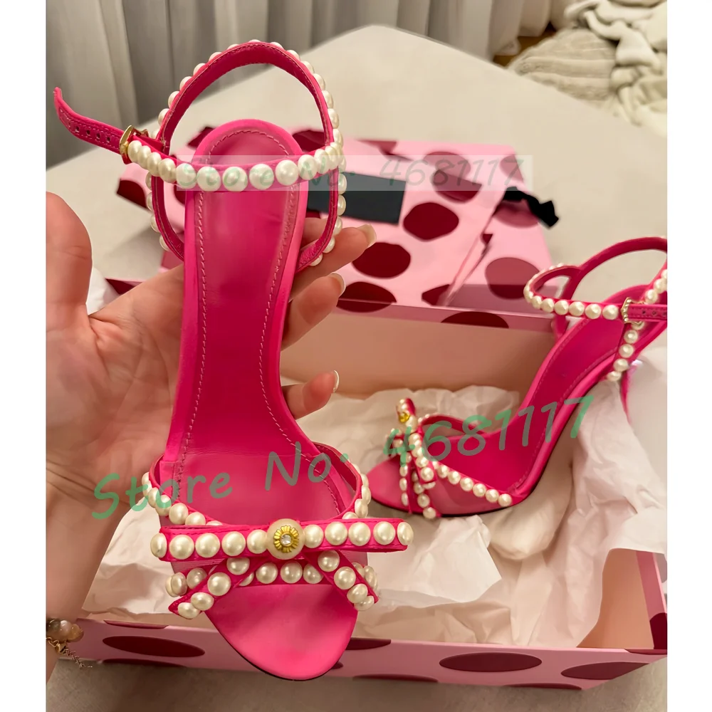 Pearl Bow Luxury High Heels Satin Sandals Women Classy Rose Red Ankle Strap Stiletto Sandals Party Cross Strap Showy Decals Shoe