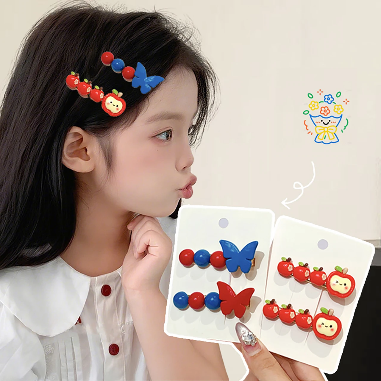 

1 пара милых заколок для волос в виде красных яблок для детей, синие заколки-звездочки, заколки-бабочки, аксессуары для волос для девочек