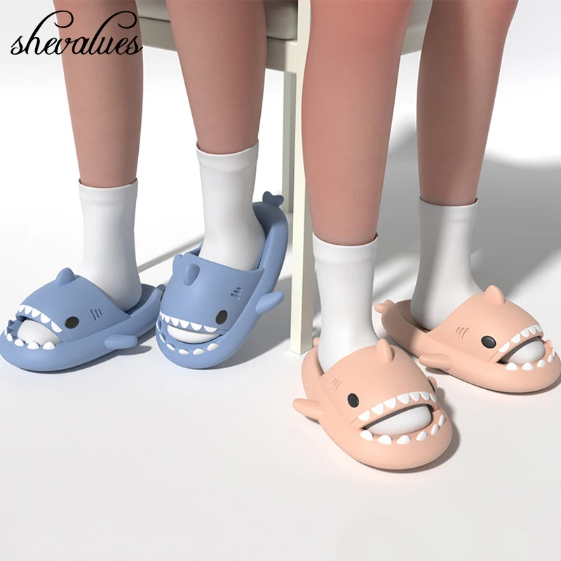 Shevalues New Shark Slippers For Women Couple Fashion Platform Flat Slippers Couple Non-slip House Sandals Outdoor Beach Sandals