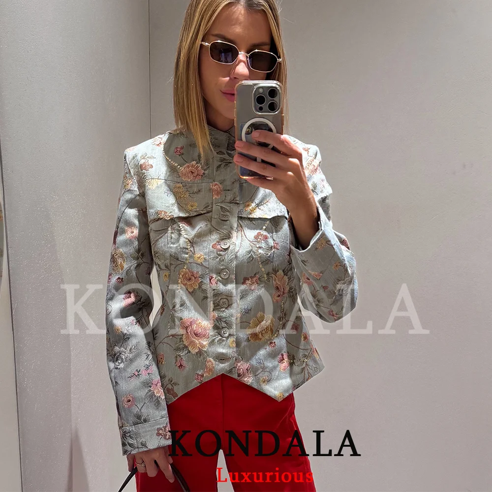 KONDALA Vintage Chic Women Floral Blazer Stand Collar Single Breasted Long Sleeve Slim Blazer Fashion 2026 Autumn Winter Blazer