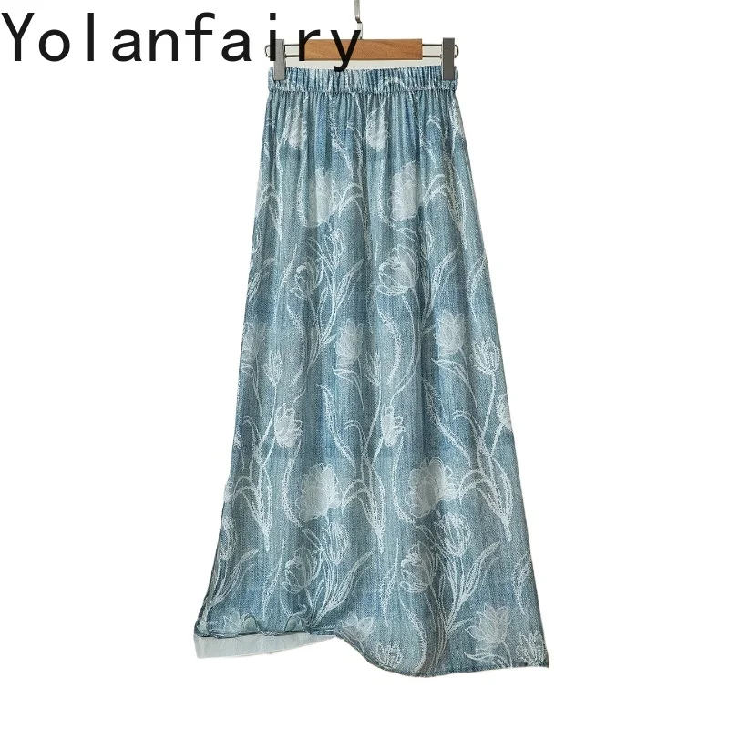 YOLANFAIRY Vintage 100% Mulberry Silk Skirts Woman 2026 Fashion Summer Split Printed Skirt Long Women Clothing Elastic Waist