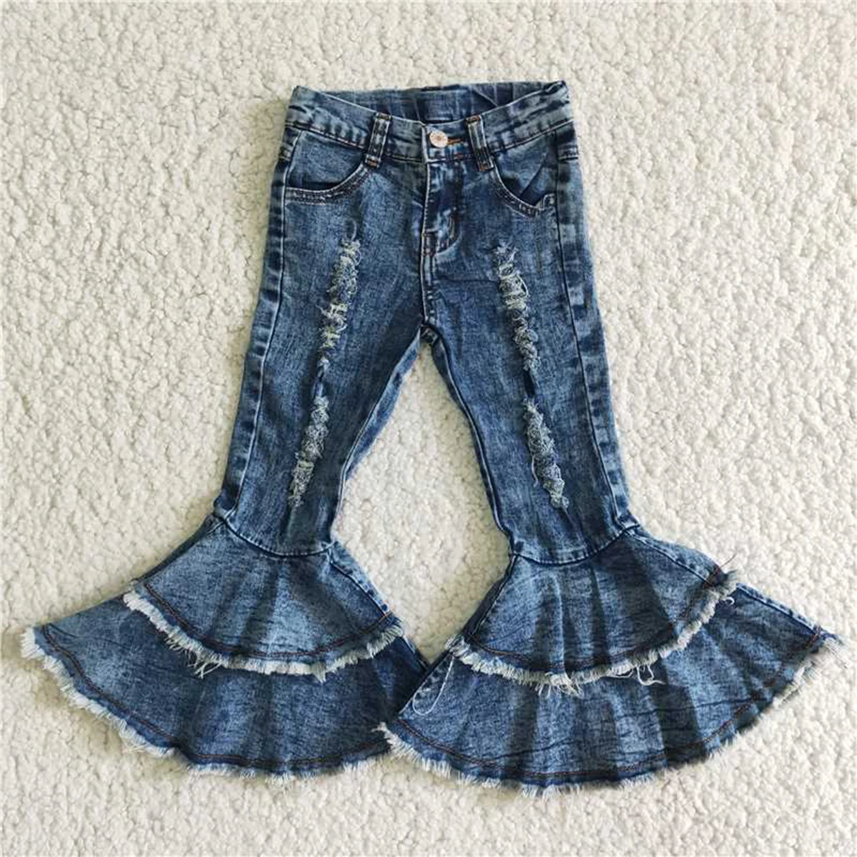 

Toddler Girl Boutique Fashion Frayed Blue Double Bell Pants Kids Zipper Pocket Trend All-match Jeans