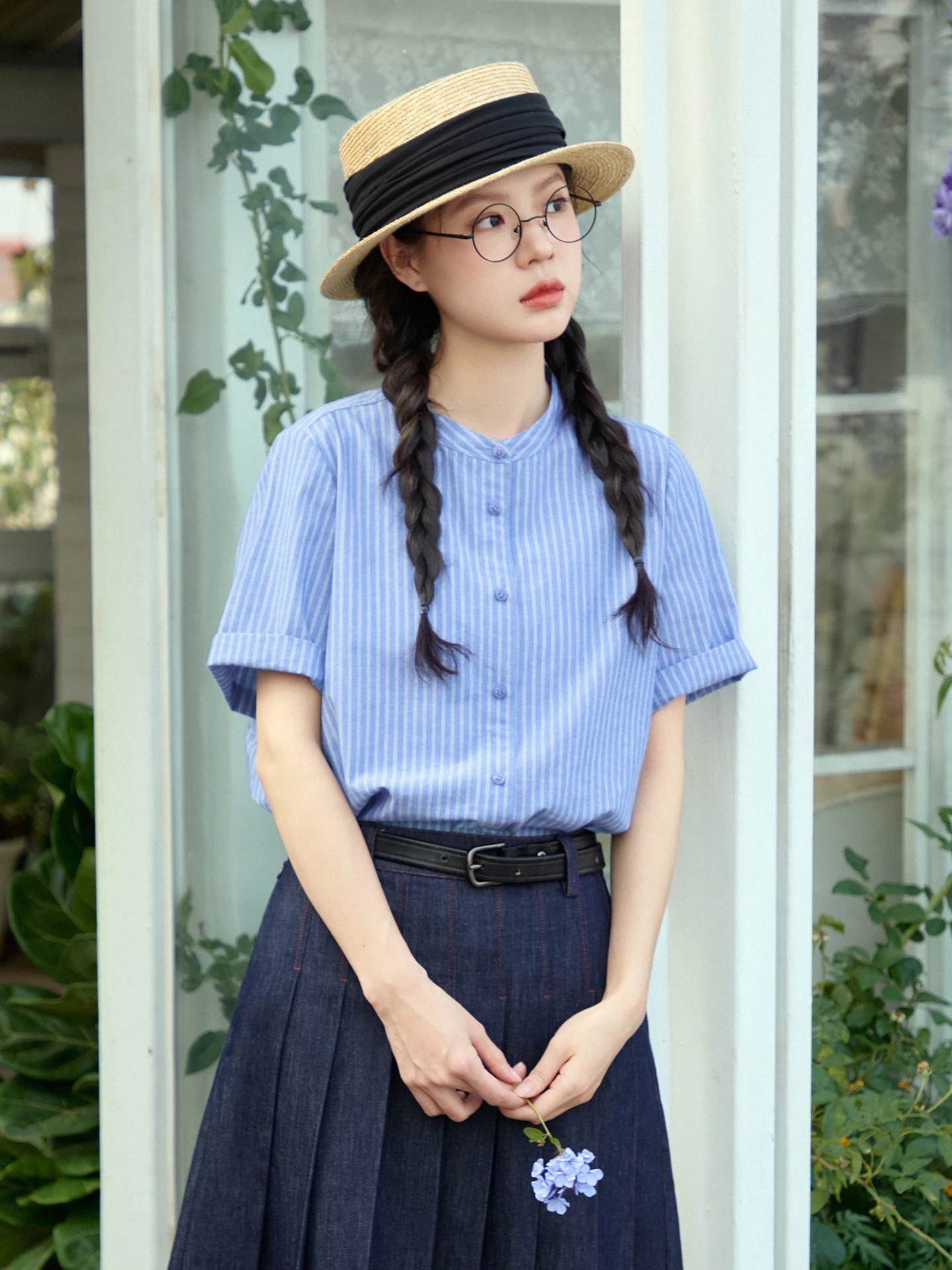 

Повседневная женская рубашка из хлопка и льна в полоску, летняя, с коротким рукавом, воротником-стойкой, сине-белая в клетку, дышащая, свободного кроя