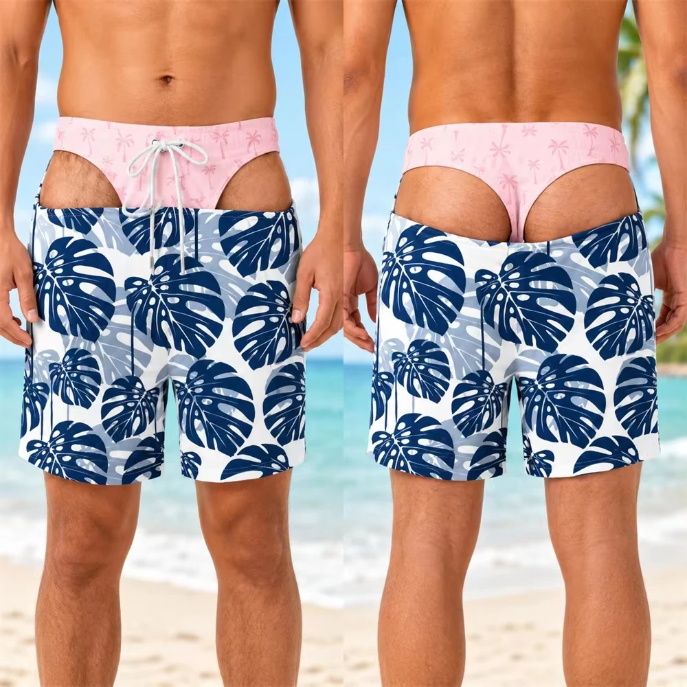 Tropical Plant Flowers Print Fake Buttocks Pattern Funny Men Swim Trunks Quick Drying Party Gifts Summer Fashion Beach Shorts