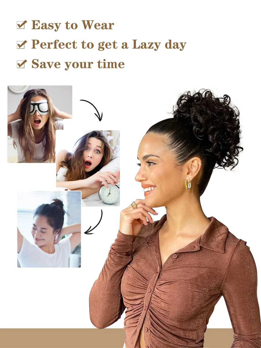 Coque fofo encaracolado cinza com prendedor - extensões de cabelo sintético de fibra de alta temperatura, laços de cabelo naturais bagunçados para mulheres