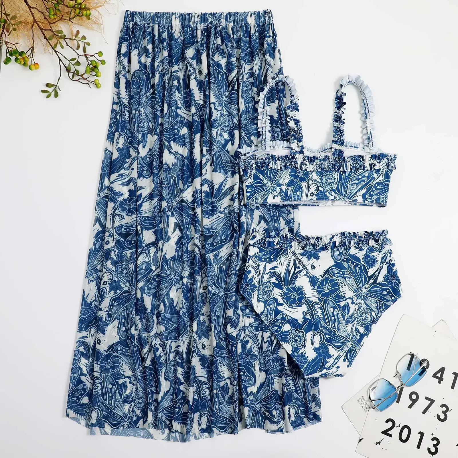 

Frill Bandeau 3 Pieces Sets Bikinis+Skirt Women 2024 Biqunis Beachwear Bathing Suit Floral Print Monokini Summer Swimming Suit