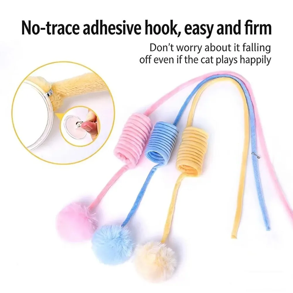 Suction Cup Spring Cat Teaser Wand Rabbit Fur Ball Retractable Elastic Cord Bite Resistant Self Playing Toy for Cats