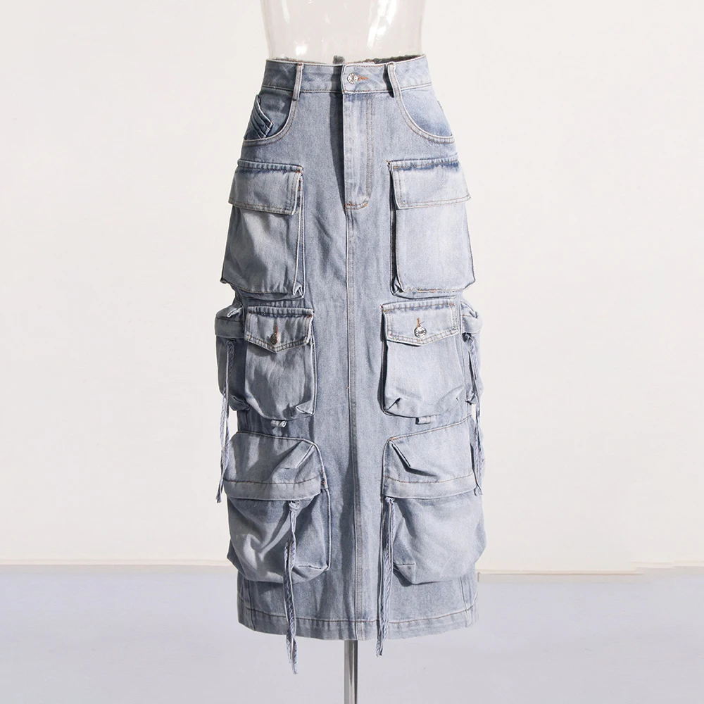 VGH Patchwork Pockets Tide Chic Denim Skirt Dla Kobiet Wysoka Talia Spliced Button Bodycon Solidne Długie Spódnice Kobiecy Styl Mody