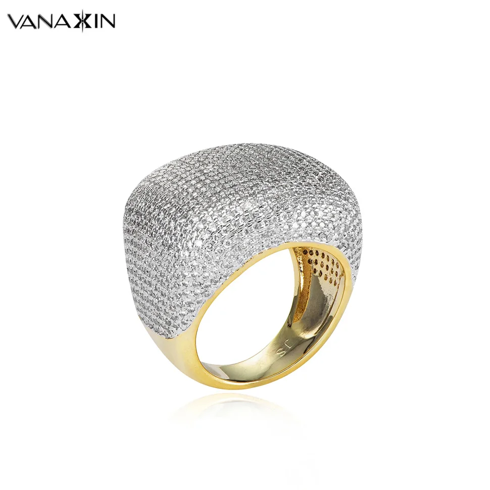 

VANAXIN Hip Hop Finger Ring for Men New Design Gold Color Ring Micro Paved Big Zircon Shiny Gift Cubic Zircon Jewels