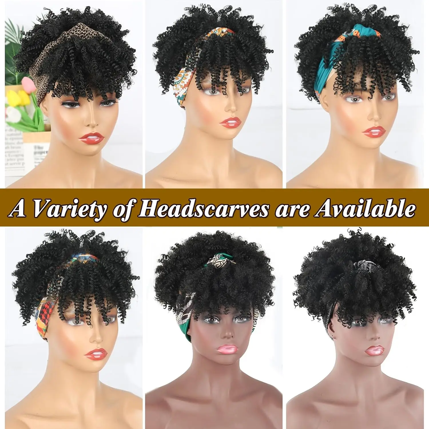 Afro Ombre Brown Headband Wig Short Afro Wigs for Black Women Synthetic Afro Kinky Curly Headband Wig with Bangs for Women Natu