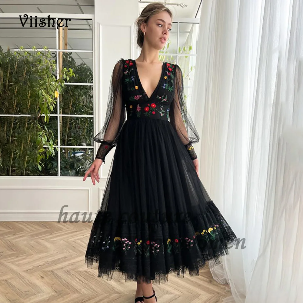 

Black Prom Dresses Long Sleeve V Neck Flowers Embroider Tulle Fairy Evening Party Dress Tea Length Formal Evening Gowns