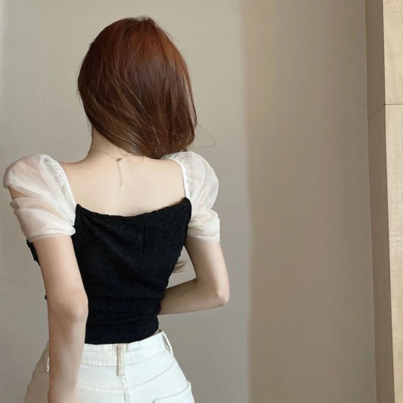 Women Korean version of the summer solid color square collar mesh patchwork slim fit sweet short sleeve top black one size