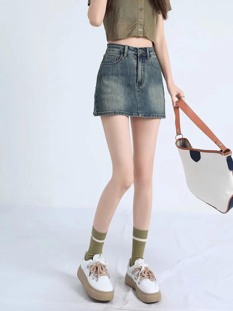 High Waist Denim  Skirt Women's Sexy Vintage American Style Prevent Exposure Half-length Skirts Spring Summer Cotton Poly...