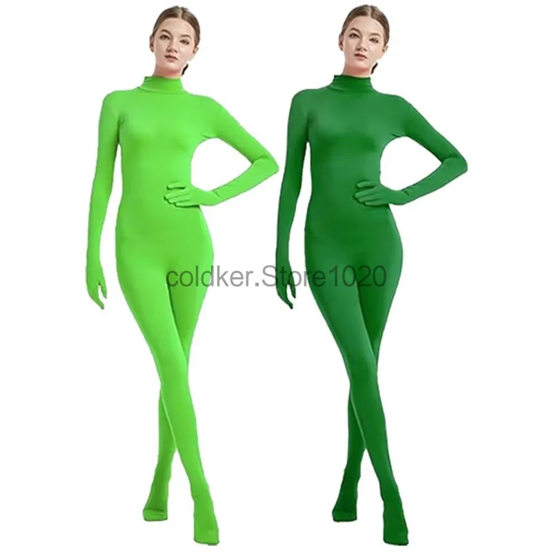 New Women Ninja Invisible Man Costume Black Green Stretch Adult Turtleneck Long Sleeve Full Body Zentai Stage Performance Wear