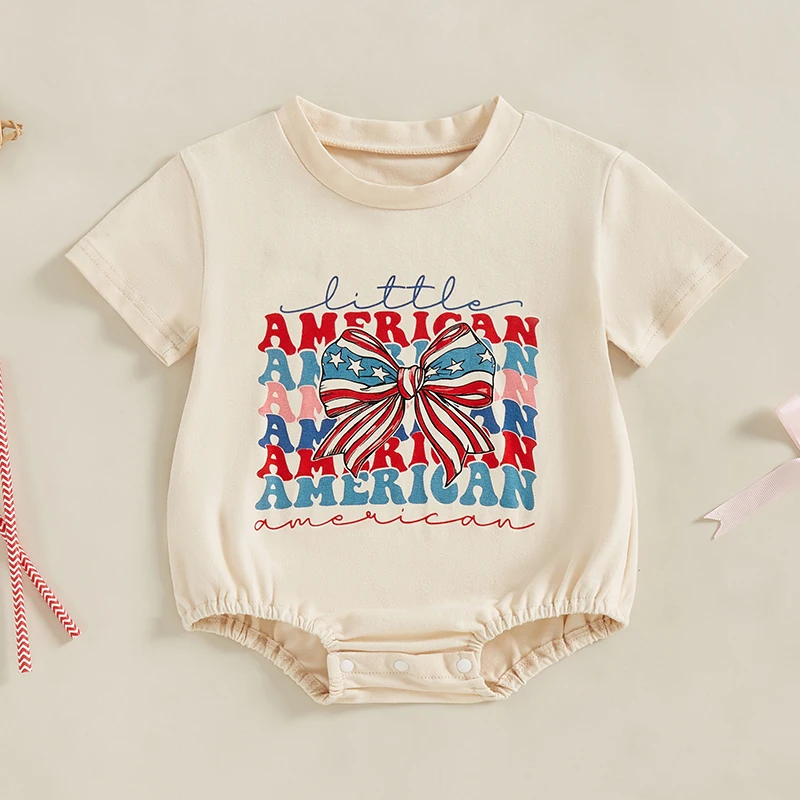 

2025-02-25 Lioraitiin Baby Girls 4th of July Romper Bow Letter Print Short Sleeve Round Neck T-Shirt Jumpsuit