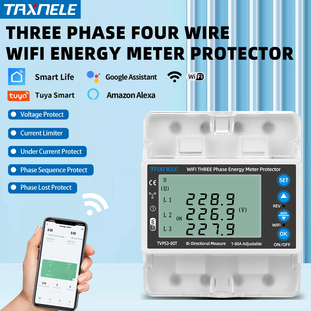 3 Phase 380V  WIFI Smart Bidirectional Energy Meter Over Under Voltage Protector Relay Switch Current Limiter Smart Life