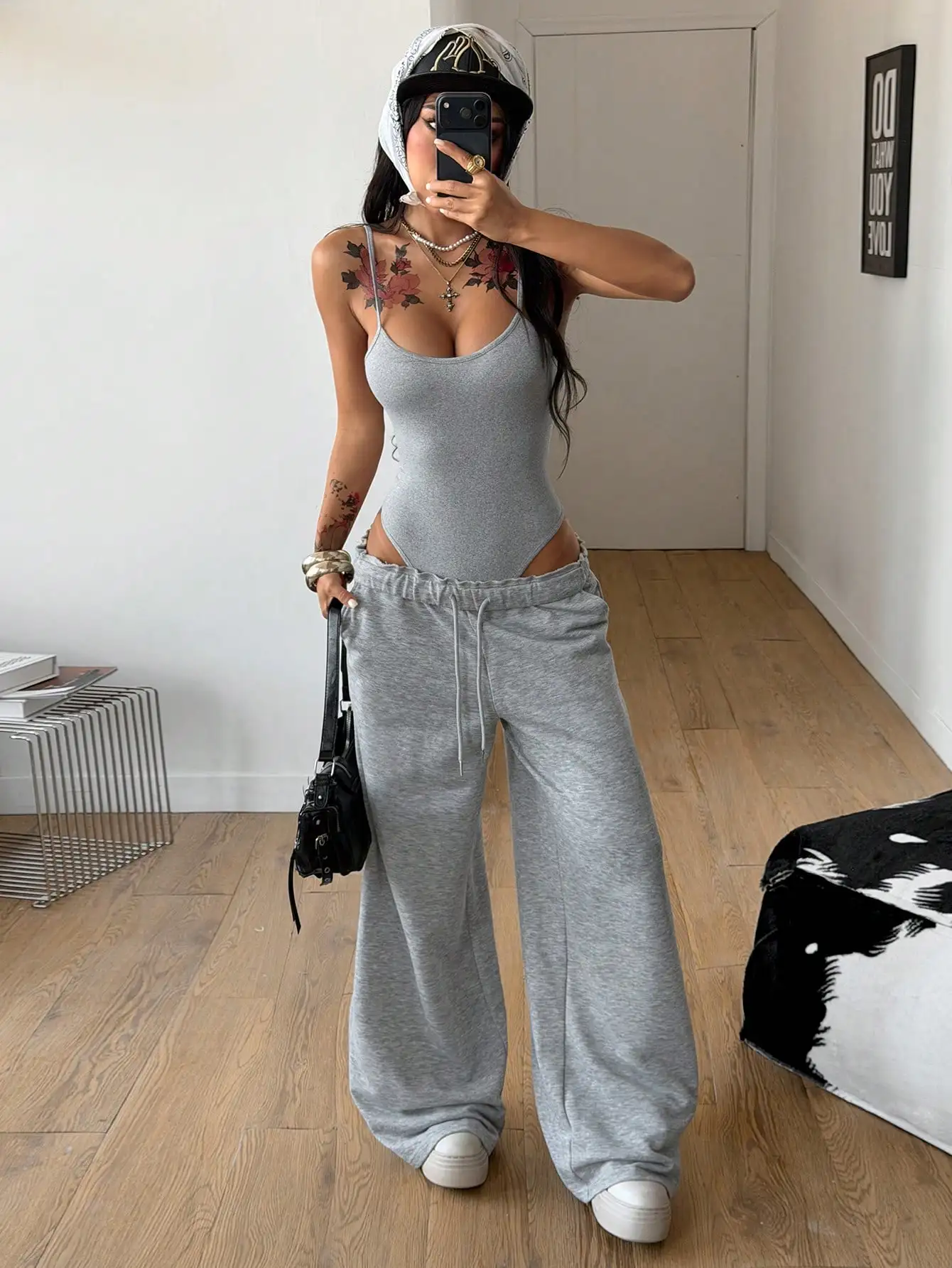 

Women's Y2K Streetwear 2 Piece Set Sleeveless Backless Bodysuit And Wide Leg Sweatpants