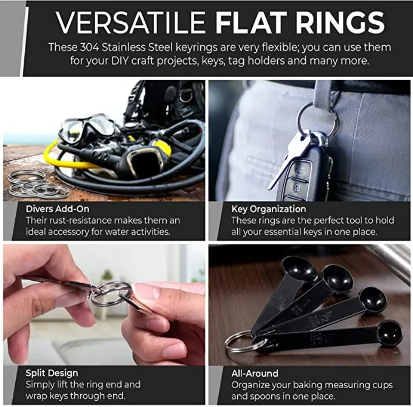 20/100Pcs Polished Silver Keyring Stainless Steel Hole Flat Key Ring Key Chain Rhodium Plated Round Split Keychain DIY Wholesale