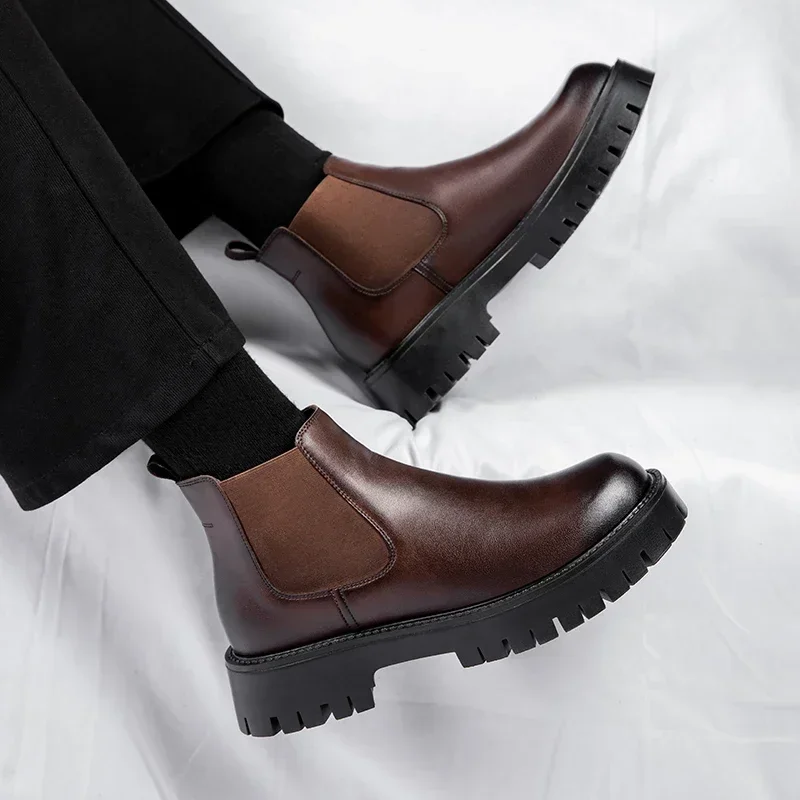 Baskets en cuir véritable pour hommes, bottes de rinçage décontractées, chaussures à plateforme pour hommes, chaussures de luxe de créateur, mode masculine