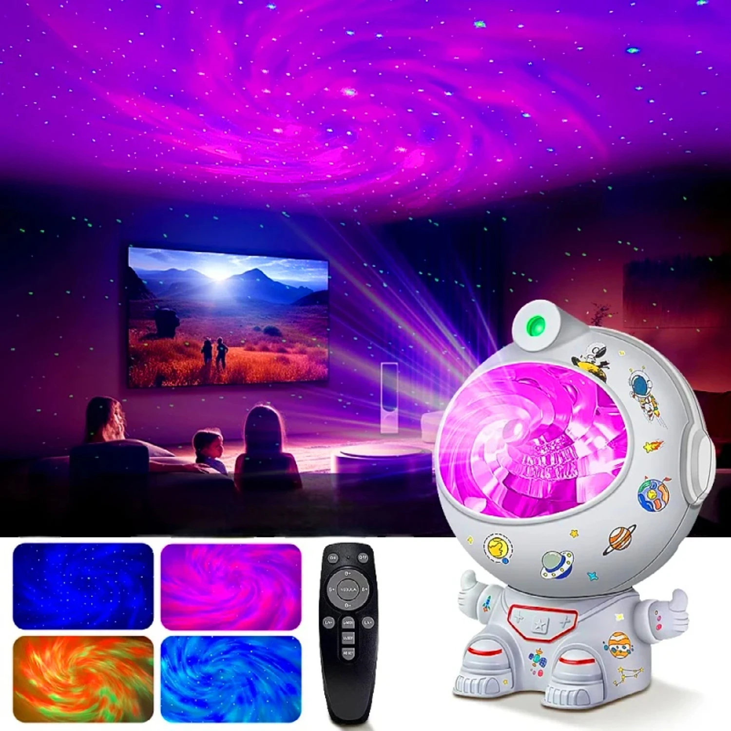 Colorful Vibrant Children's LED Night Light featuring a Sitting Astronaut Projection Lamp for a Cosmic Black Hole Vortex Ambienc