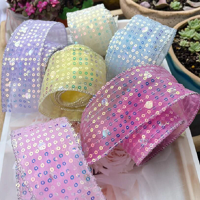 

20Yards 50MM Sequin Vertical Stripe Double Yarn Silver Line Edge Ribbons Hair Bows DIY Crafts Handmade Accessories