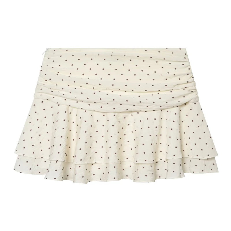 KEYANKETIAN 2026 Polka Dot Tiered Mini Skirt Ruched Wrap Waist Double Ruffle Layer Side Zipper Flowy Y2K Casual Short Skirt