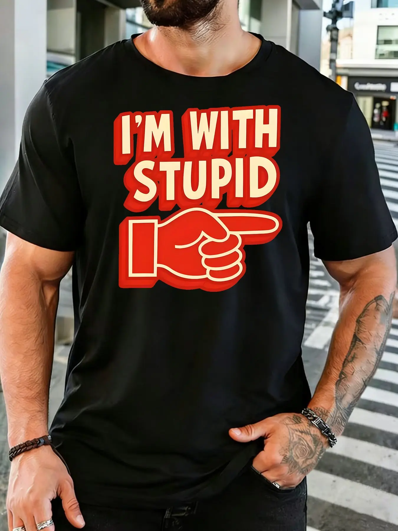 Men Navy Crew Neck Tee I M With Stupid Bold Retro Text Red Pointing Hand Funny Sarcastic Joke Humor Soft Cotton Casual Top
