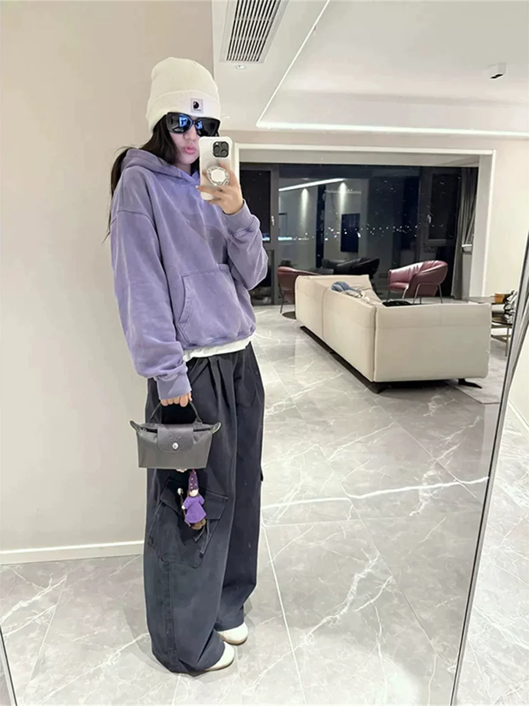 Washed out American Style Long Sleeve Hoodie Women's Loose Casual Comfortable Outerwear Purple Vintage T-Shirt Coat