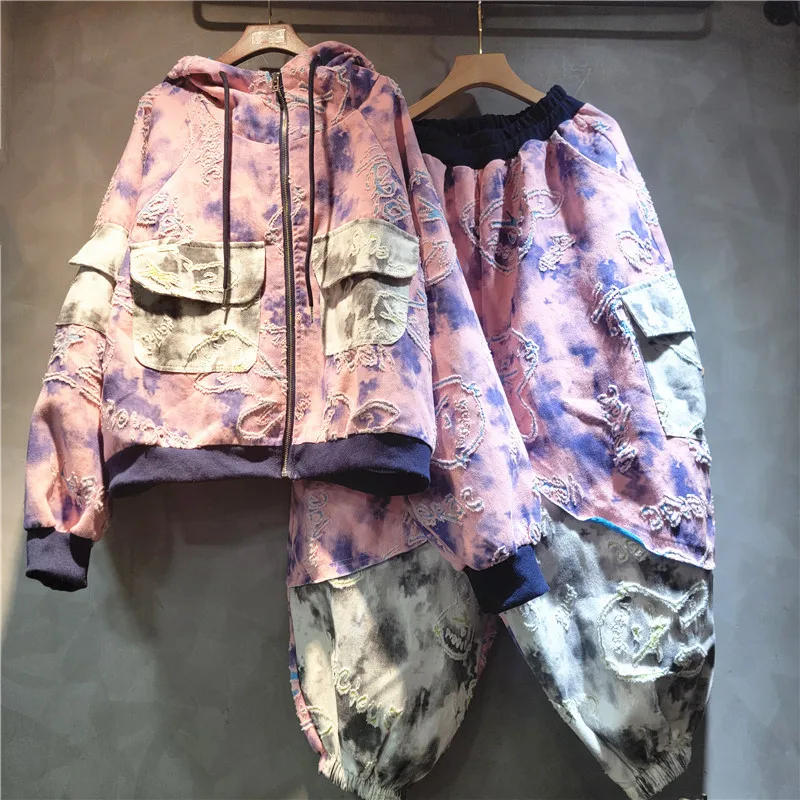 

Personalized Fall Set, Distressed Color-Block Youthful Hooded Denim Jacket + Jogger Harem Pants, Loose Two-Piece Set for Women