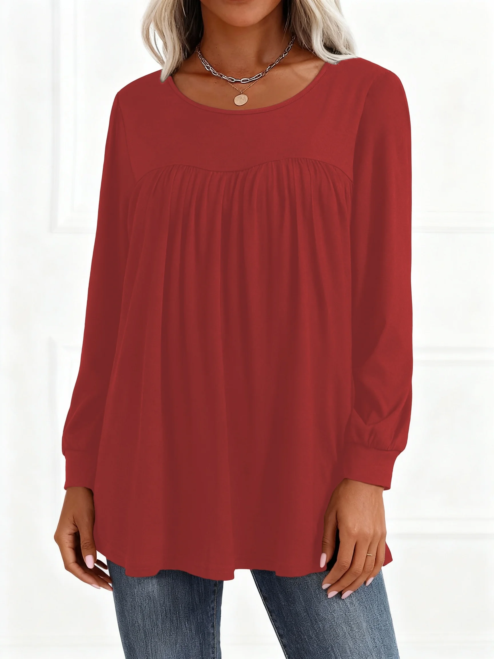 Plus Size Damen Langarm-Plissee-Oberteil für Stilvollen Komfort – Detail 9