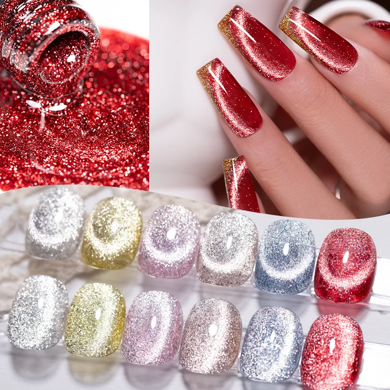 

7.5ML 3-IN-1 Platinum Cat Eye Gel Nail Polish Sparkling Red Blue Golden Glitter Cat Magnetic Gel Soak Off UV Nail Art Varnish
