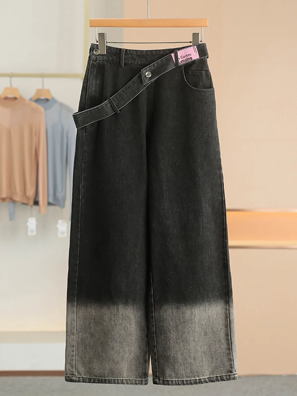 High Waist Wide Leg Gradient Denim Jeans Women's Autumn Winter American Retro Side Zipper Casual Loose Fit Trousers