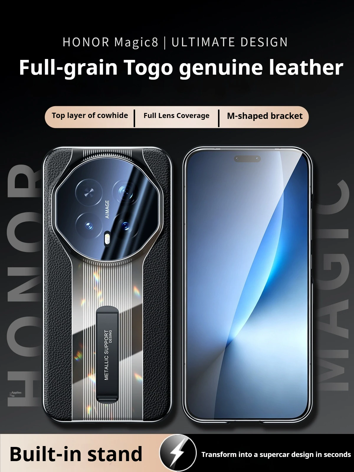 

Luxury Genuine Leather for Honor Magic8 Pro Case Instant Super Car Design Honor Magic8 Full Lens Coverage Integrated Stand Case