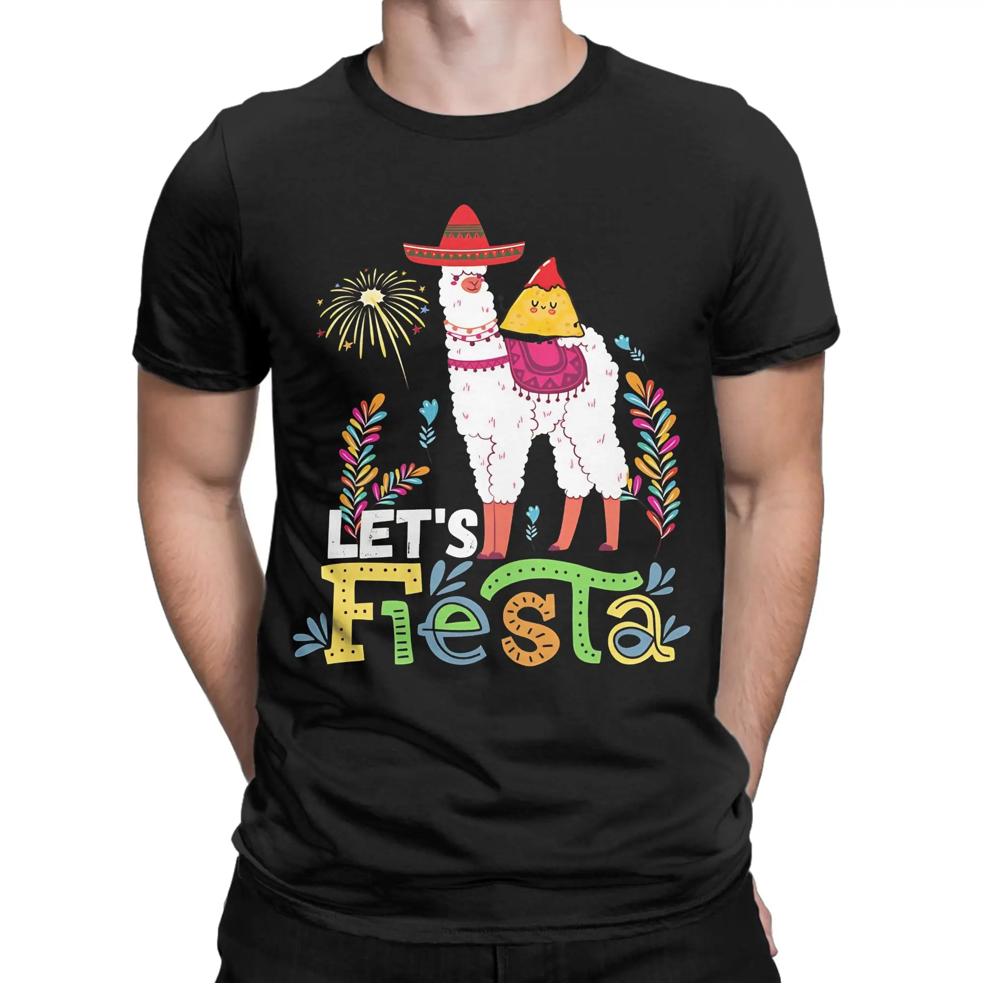 Men LetS Fiesta Cinco De Mayo Funny Llama And Nacho Gift For Women Kids  T Shirt  Pure Cotton Clothing Amazing Tees 6XL T-Shirts