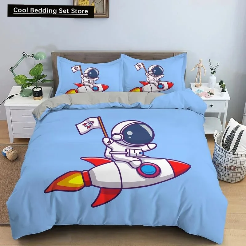 

Cartoon Astronaut King Queen Duvet Cover Kawaii Spacecraft Bedding Set for Kids Outer Space Blue 3 Pcs Polyester Quilt Cover