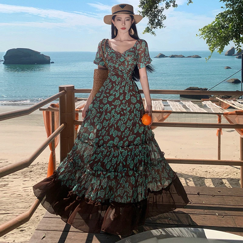 Beach Vaion Stampa floreale Lunga Dr Gonna etnica a vita alta da donna in fibra di poliestere Abito V-ne H-pe