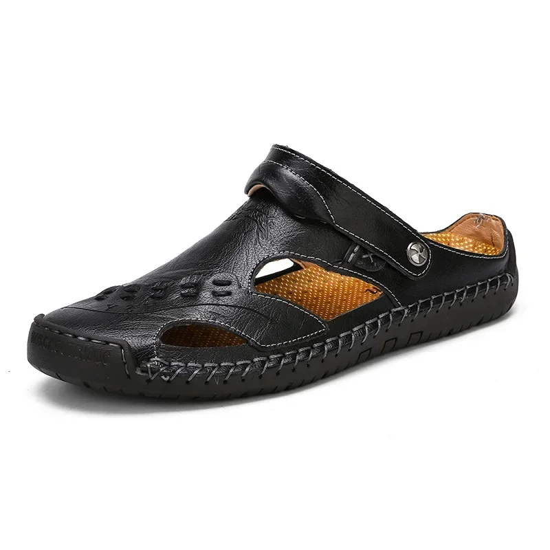 Baotou-Sandales en cuir véritable pour hommes, pantoufles d\'été pour hommes, confortables, tendance, à enfiler, sandales de trekking décontractées