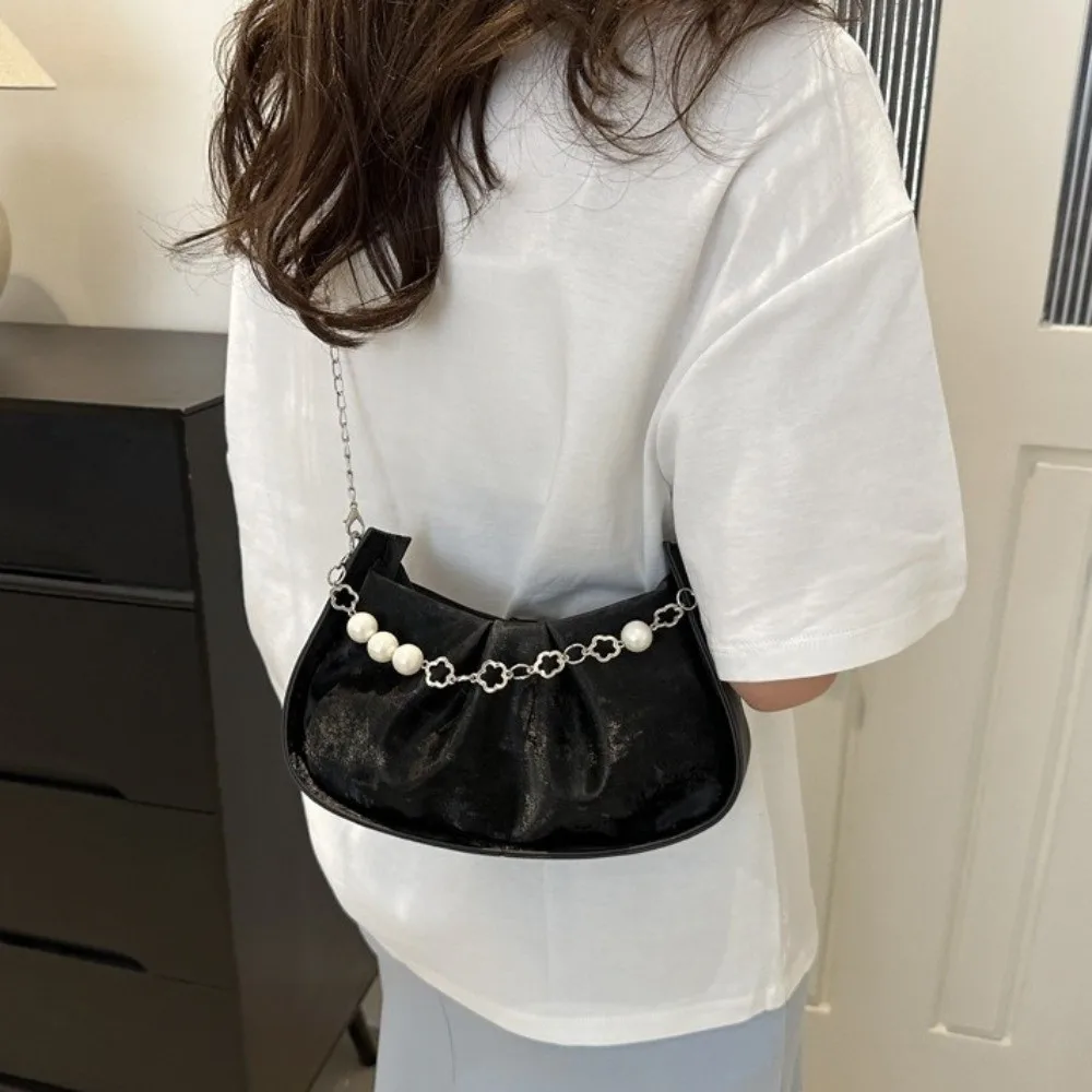 

Solid Color Cloud Shoulder Bag Korean Style Chain Pearl Chain Crossbody Bag Single Shoulder PU Leather Pleated Handbag Shopping