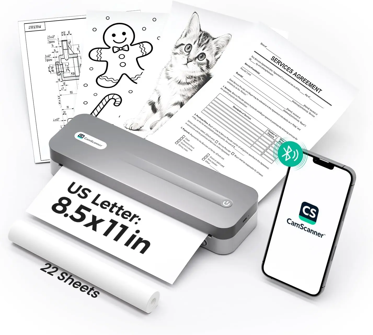 

Термопринтер без чернил, портативный, формат US Letter, Bluetooth, для iPhone, Android, компьютера, для домашнего и офисного использования