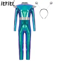 Kids Alien Cosplay Costume Long Sleeve Shiny Metallic Bodysuit Role Play Jumpsuit Astronaut Dress Up Party Halloween Performance