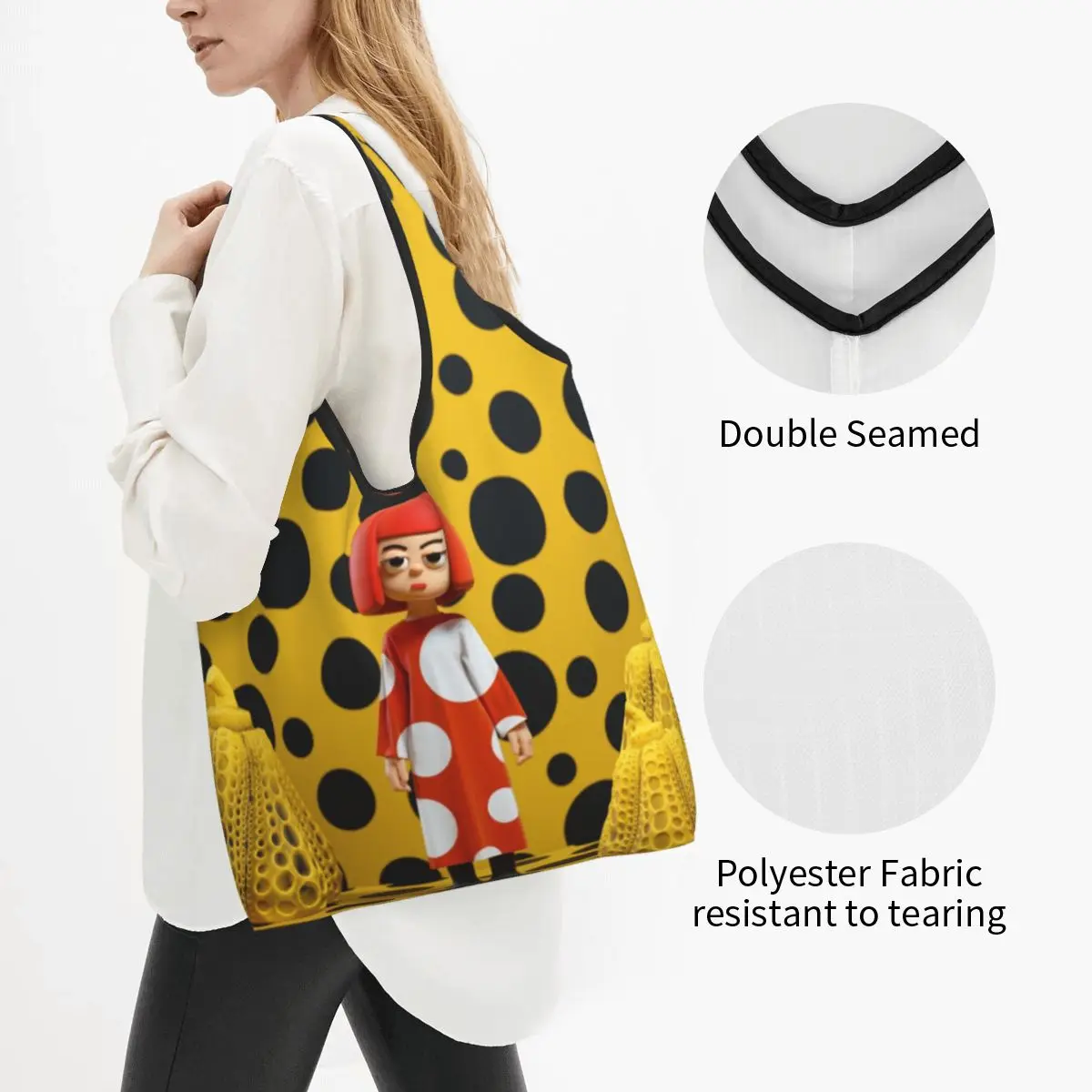 Custom Yayoi Kusama Polka Grocery Tote Shopping Bag Women Kawaii Pumpkin Shoulder Shopper Bag Big Capacity Handbag