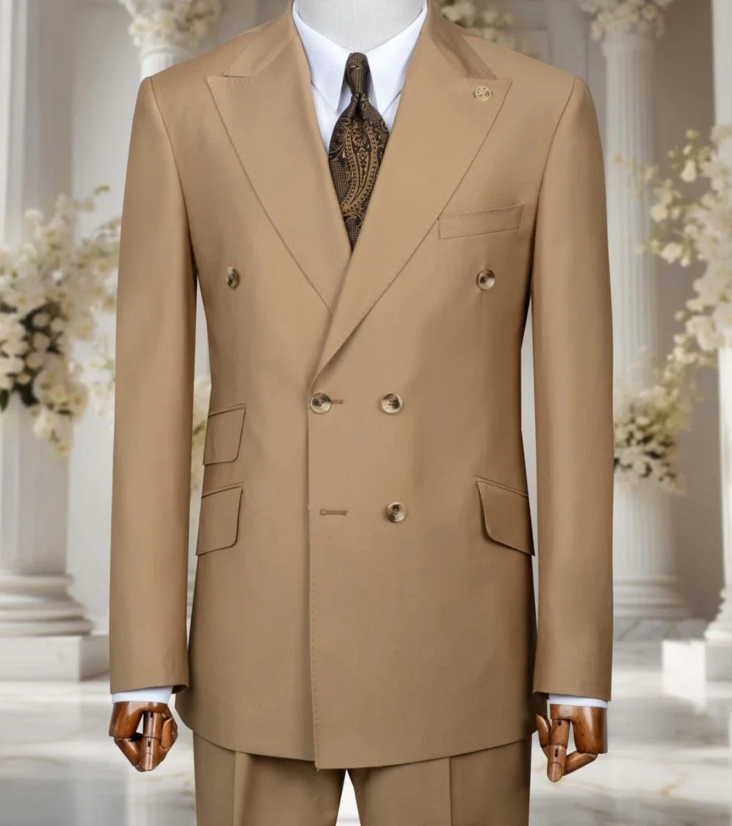 Men Camel Solid 2 Pieces Men's Suits Khaki Business Tuxedos Double Breasted Jacket Blazer Straight Trousers Customized Wedding