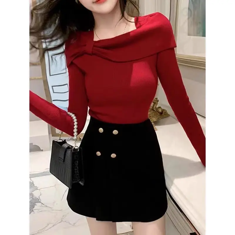 Autumn Winter New Fashion Solid Color Slash Neck Long Sleeve Women's Clothing Pullovers Sweet Patchwork Knitting Korean Y2K Tops