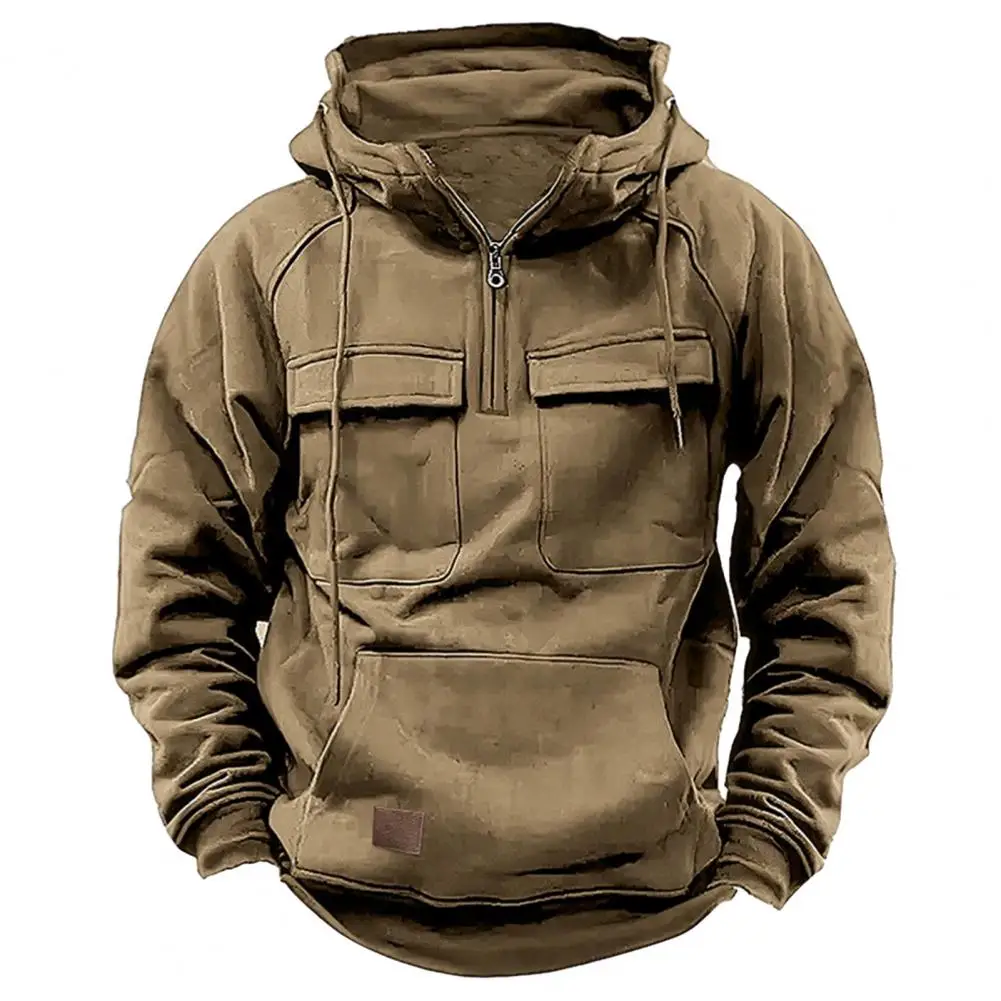 Men's Hoodies Solid Sweatshirts Multi Pockets Male Hooded Jackets Thick Outdoor Half Zipper