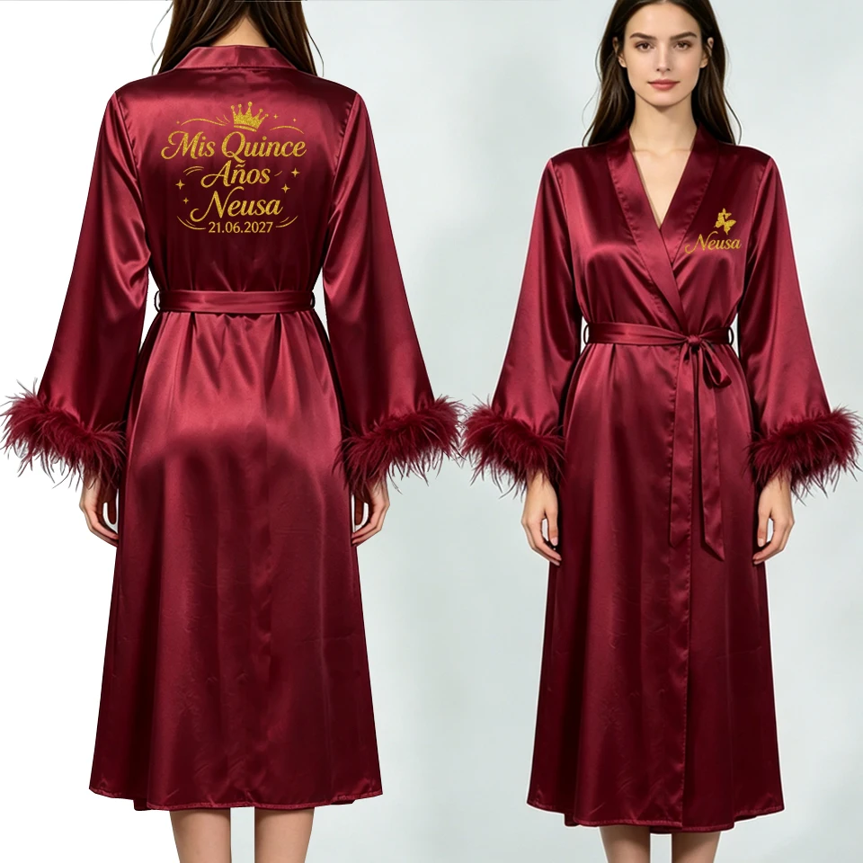 Custom Name Bride Robe Satin Feather Bridesmaid Robes Personalized Wedding Morning Gown Bachelorette Party Bathrobe view 3