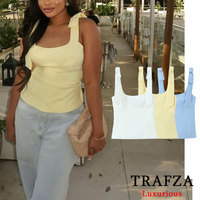 TRAFZA Sexy Chic Yellow Bow Tops Women Zipper Tie Up Slim Short Cami Tops Women Fashion 2025 Summer Elegant Y2K Girl Blouses