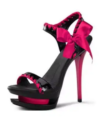 Sandalias de tacón alto con plataforma doble hueca y punta abierta, con lazo de mariposa de seda rojo rosado, para verano, con correa al tobillo, ideales para banquetes.