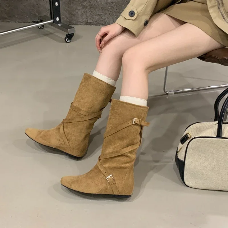 

Aneikeh/Осенне-зимний дизайн, уличная мода, женские сапоги до колена на низком плоском каблуке, стильная женская обувь с узким ремешком и круглым носком