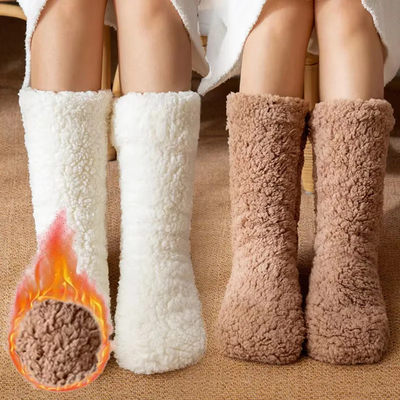 1-4Pairs Faux Shearling Fleece Lined Winter Floor Socks Thick Warm Non Slip Home Slipper Socks for Women Adult Cabin Socks
