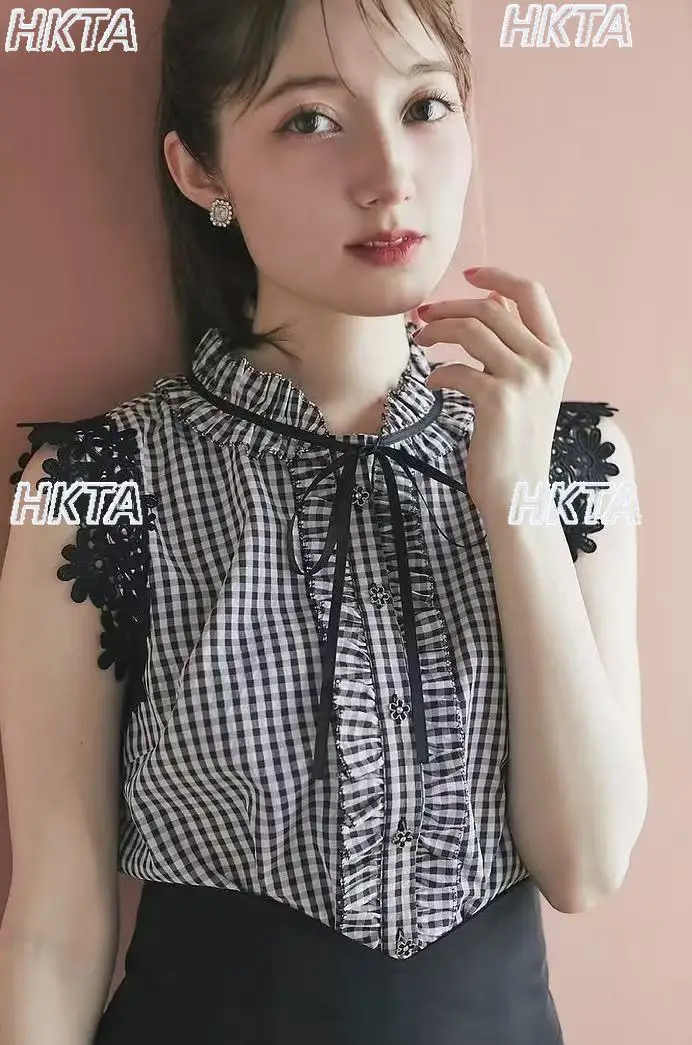 

Japanese Sweet Lace Splicing Hollow Out Plaid Pleated Sleeveless Top Summer New French Stand Up Collar Lace Up Fungus Vest Women